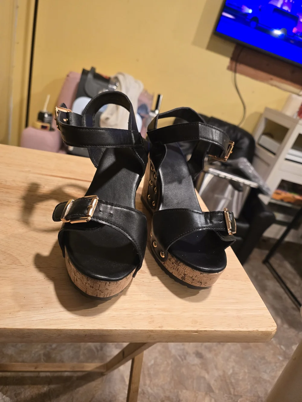 SHEIN Black Cork Wedge Sandals with Gold Buckles